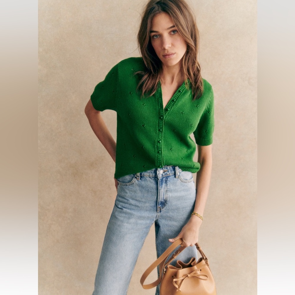 Sezane Green Short Sleeve Knit Cardigan - Picture 2 of 9